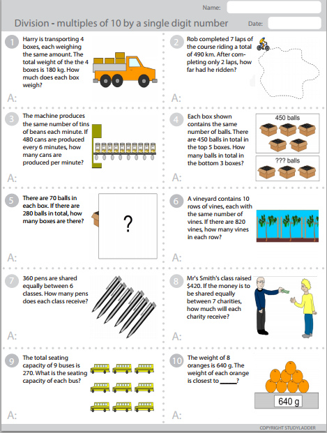 Dividing multiples of 10 by 1 digit (problem solving ...