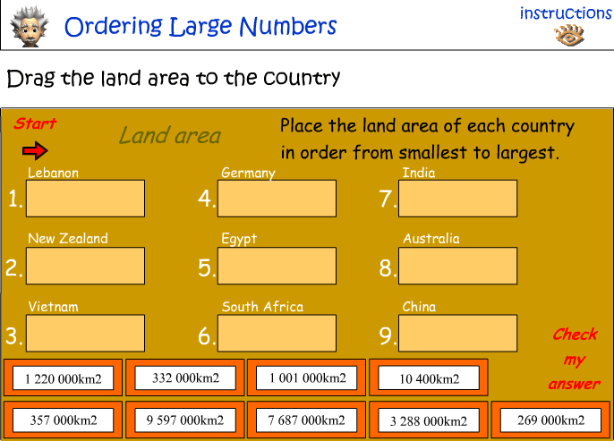 Ordering large numbers - land area