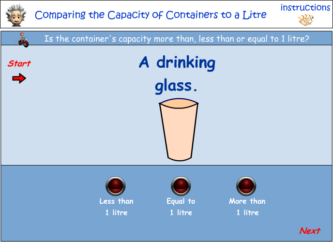 Comparing the capacity of containers to 1 litre