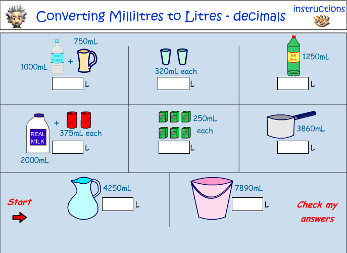 Convert millilitres to litres - includes decimals