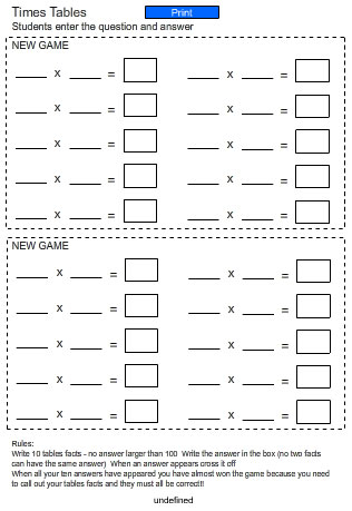 Bingo Game Card - Times Tables