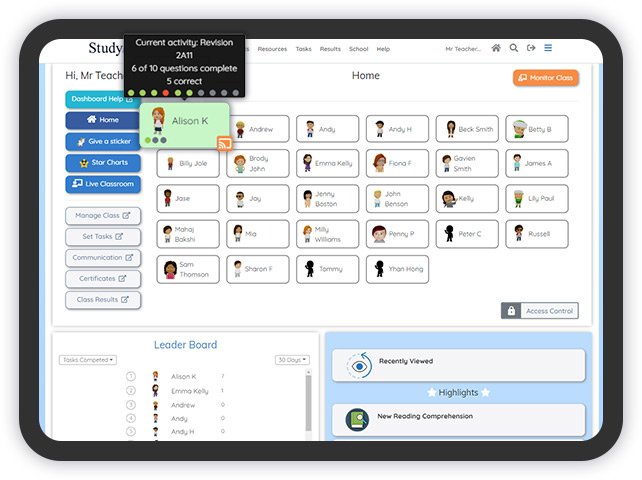 Studyladder teacher dashboard, preview of class monitoring