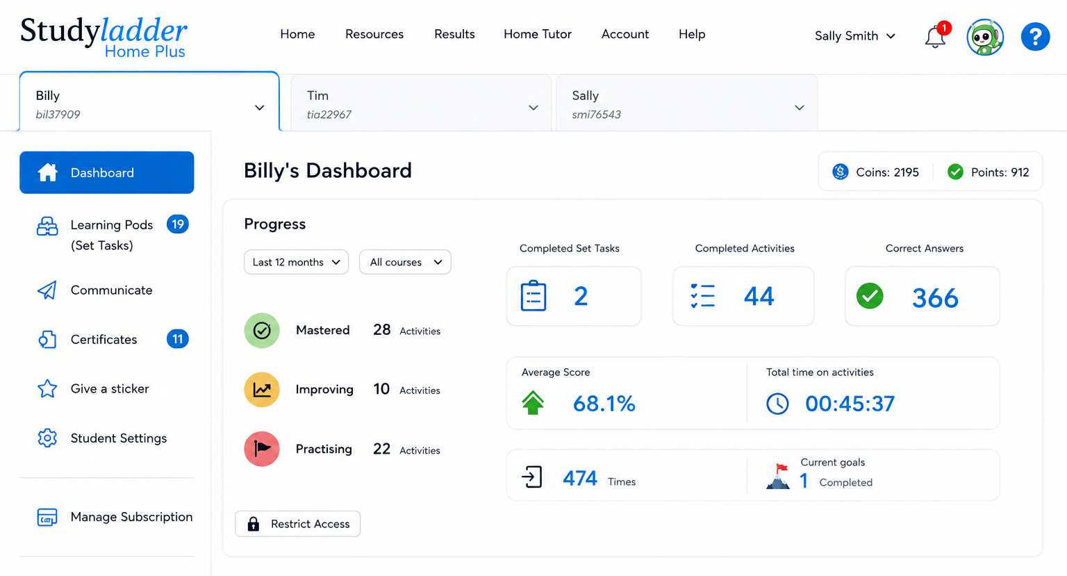 Studyladder parent dashboard showing each child's progress