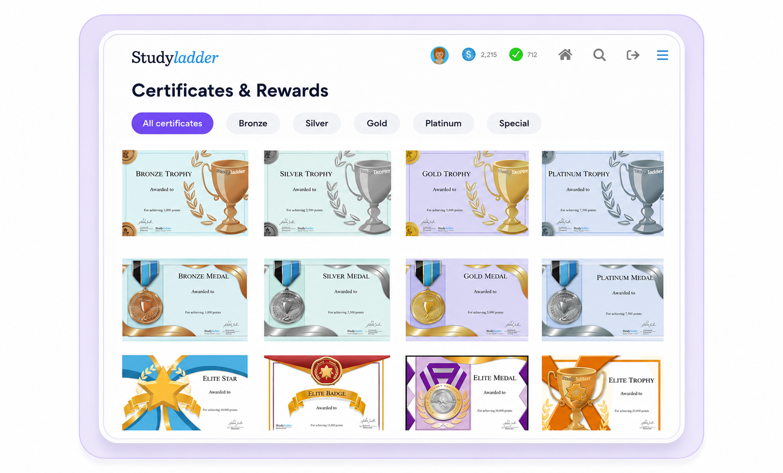 Studyladder student certificates and rewards, from bronze through to platinum, ready to print and share