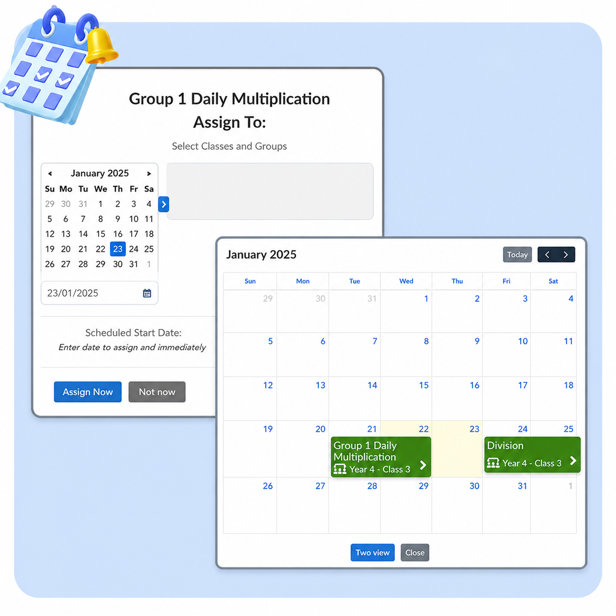 Studyladder lesson planner, showing how teachers schedule and assign work once their accounts are set up