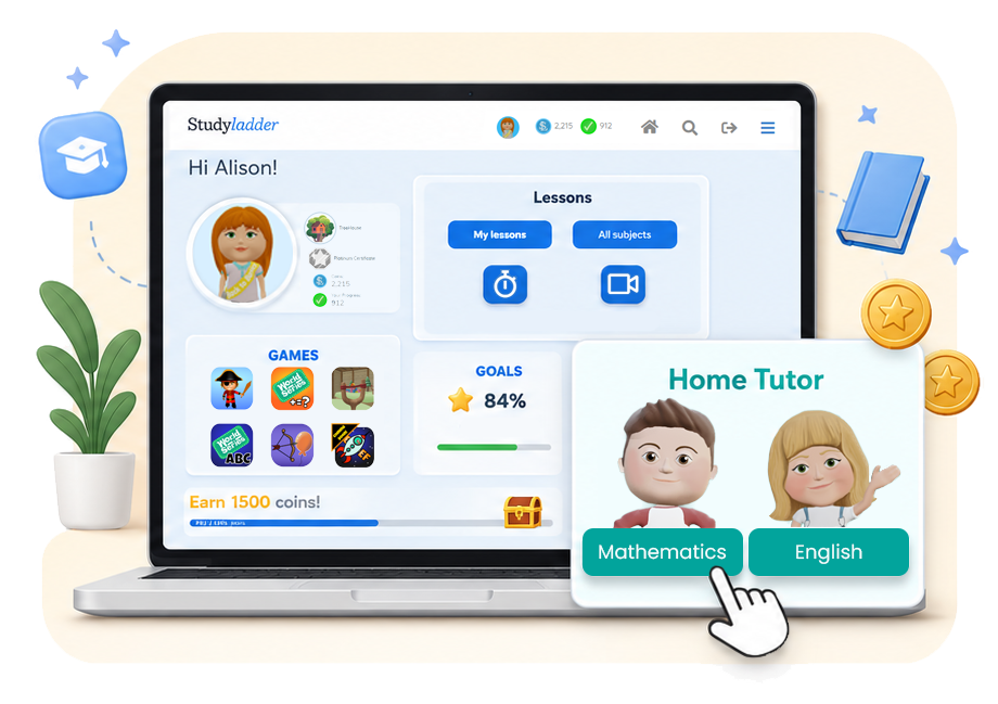 Studyladder Home Tutor lessons, organised so kids can watch, practise and test in one place