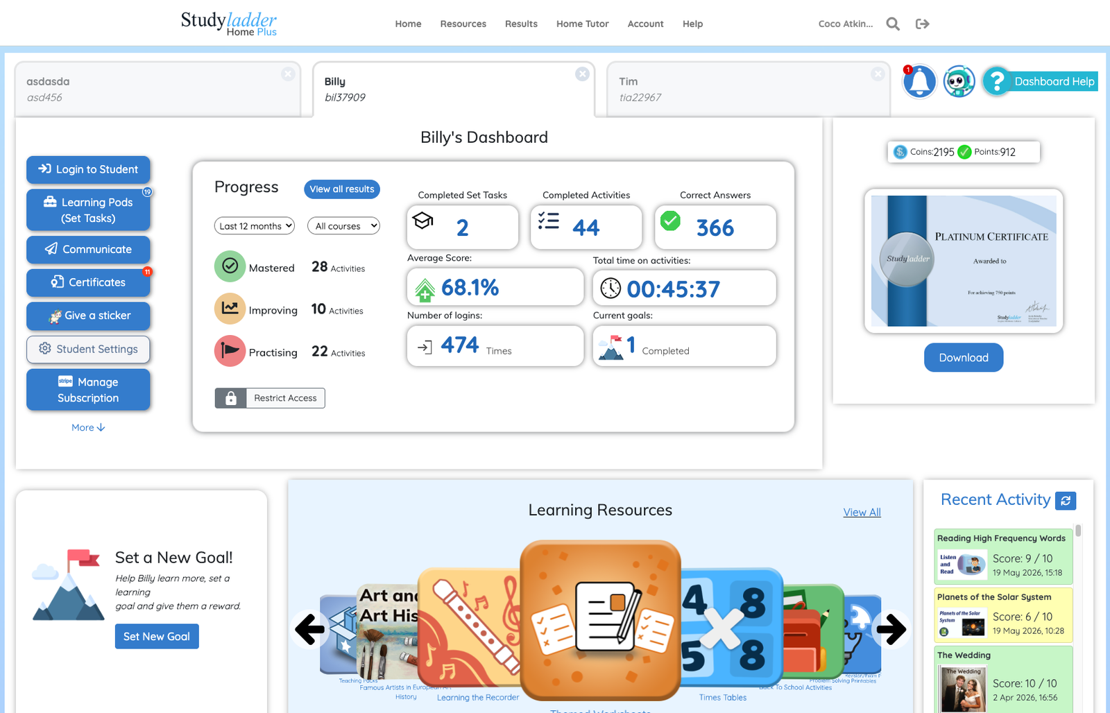 Studyladder parent dashboard showing each child's progress across subjects
